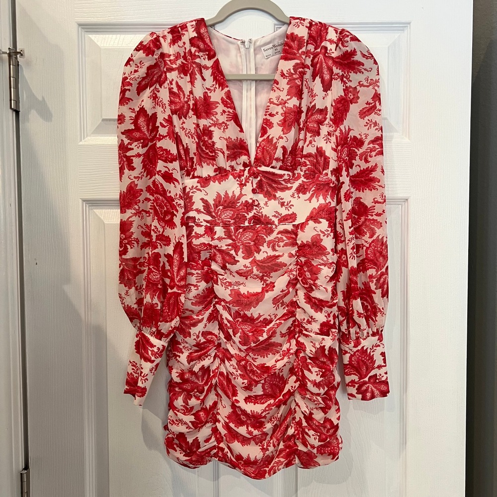 Seven Wonders Mini Dress Polyester Chiffon Red Floral Ruched Romantic XS
